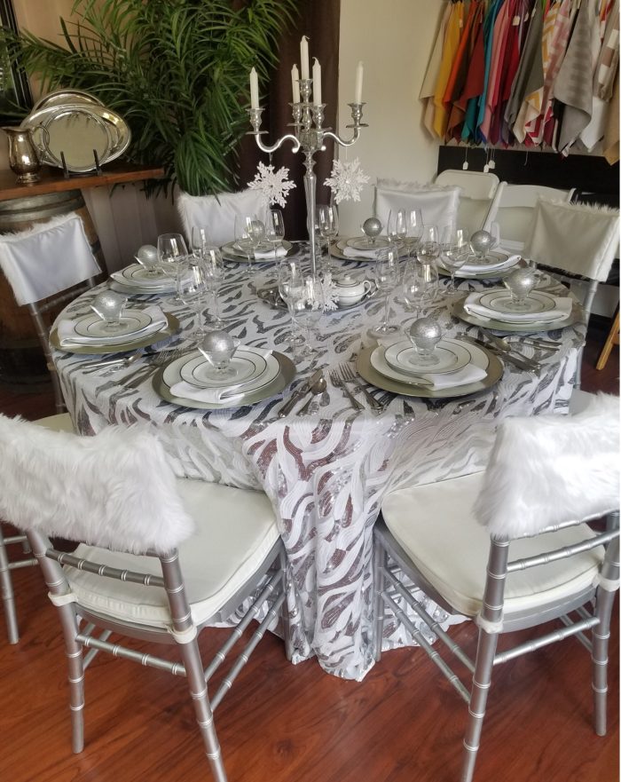 White and Silver Jazz Sequin Table Linen, White and Silver Sequin Swirl Table Cloth
