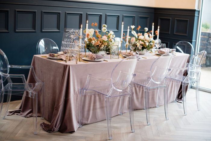 Dusty Rose Plush Velvet Table Linen, Ghost Chairs