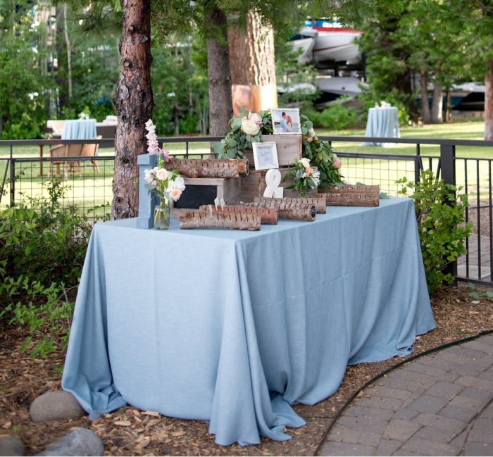 Spa Linnea Table Linen, Light Blue Table Cloth, Light Blue Textured Table Cloth, West Shore Cafe Wedding